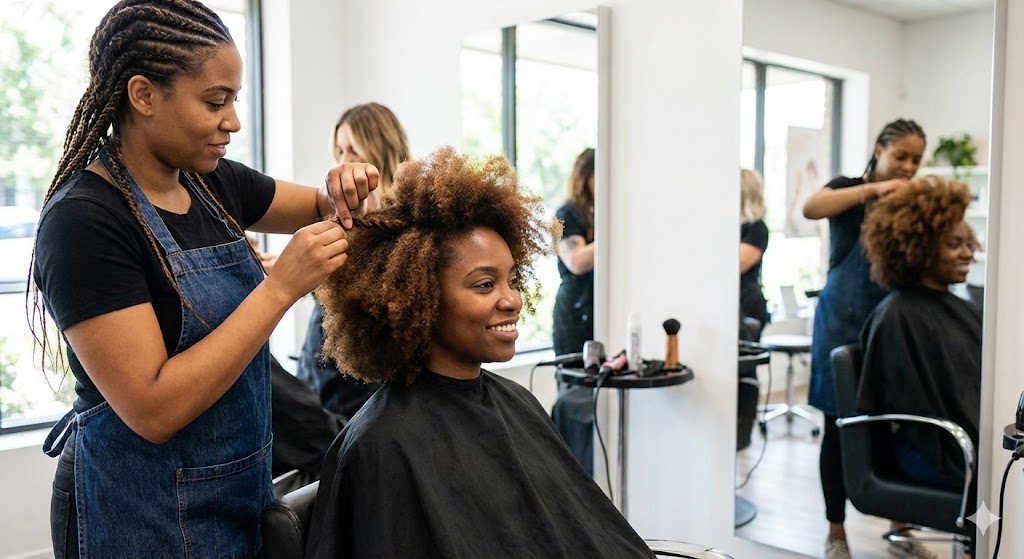 Cabeleireira estilizando cabelo afro natural